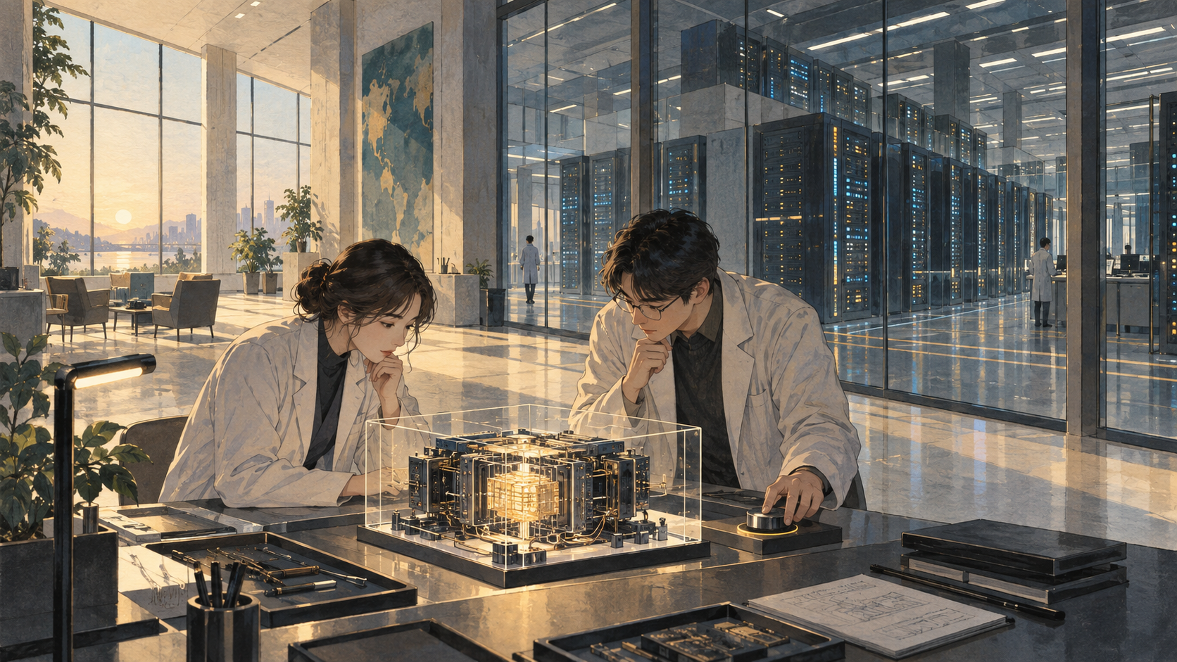 Two researchers review an AI system in front of a server facility