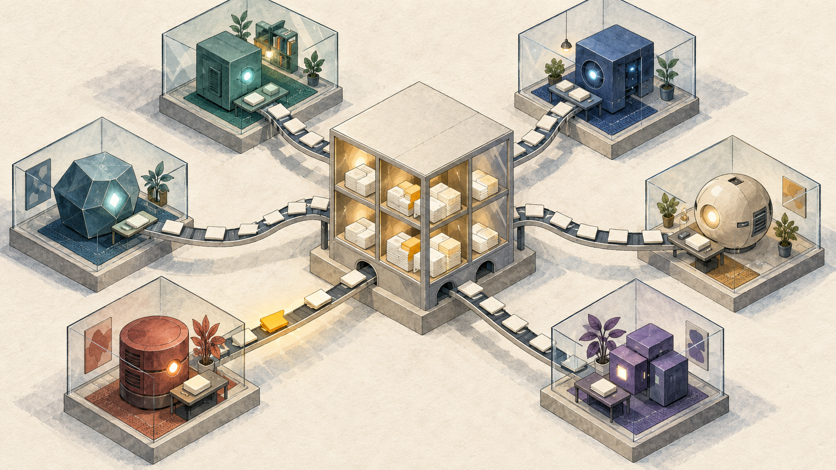 Six separate agents exchange messages through shared storage