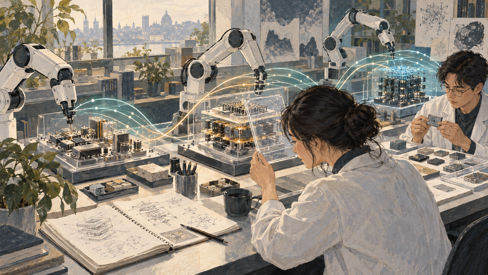 A researcher reviews results from three connected experimental devices