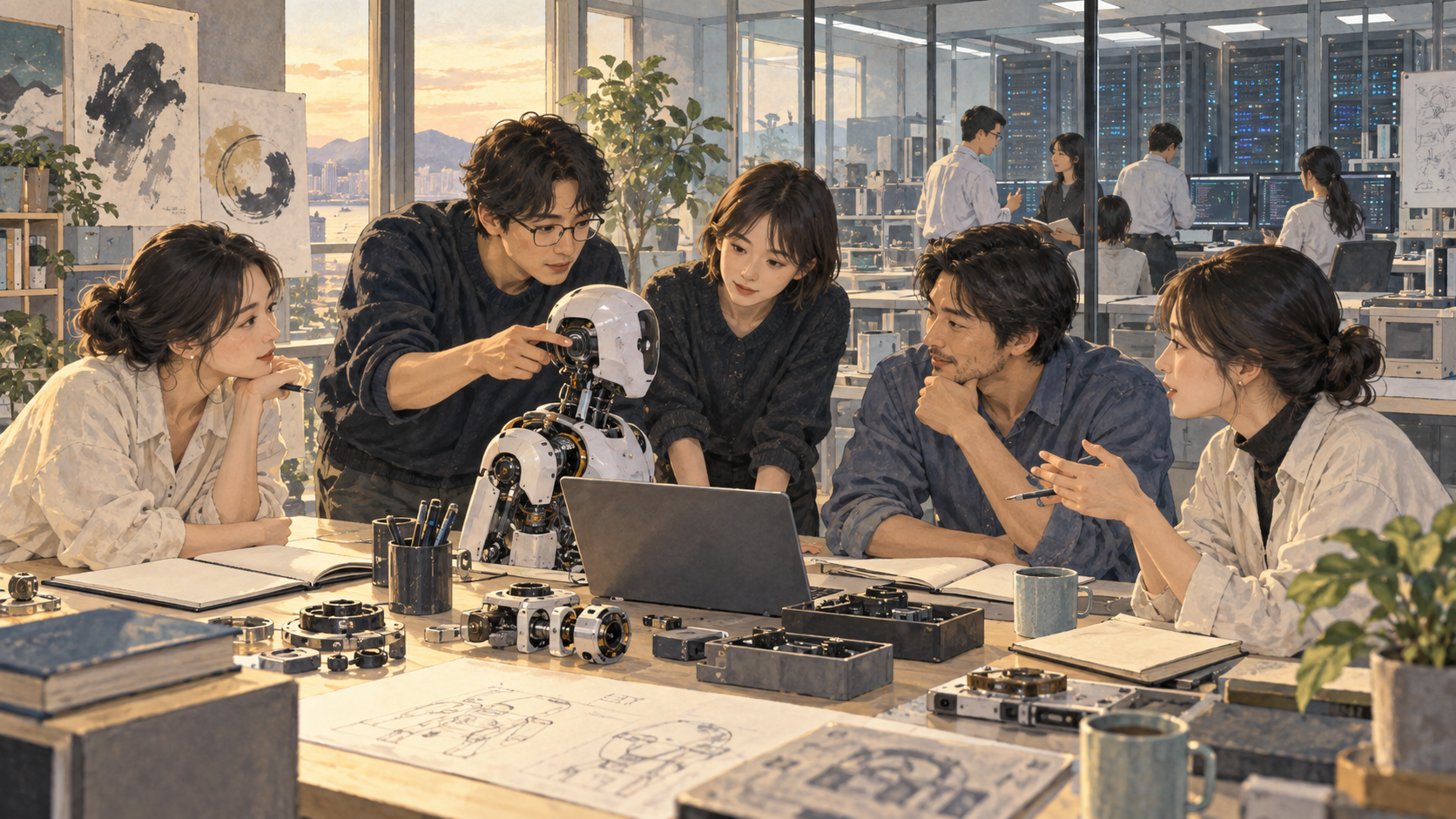 Researchers review an AI device together in a shared laboratory