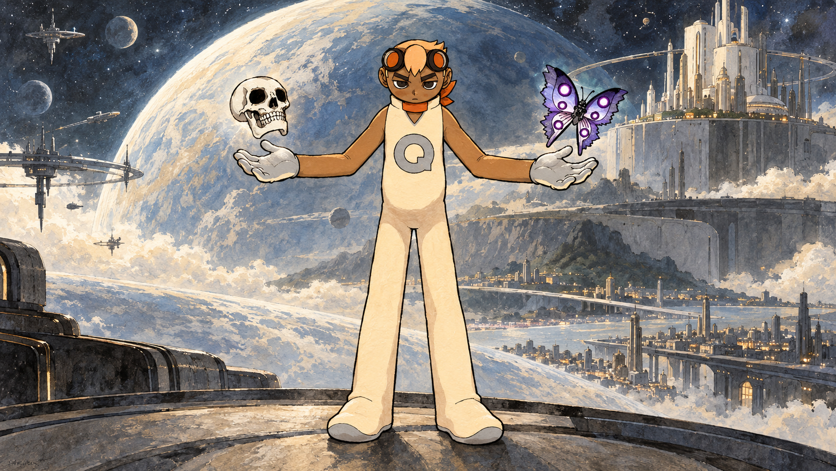 Denma holds a skull and a purple butterfly above his palms, with planets and a space city behind him