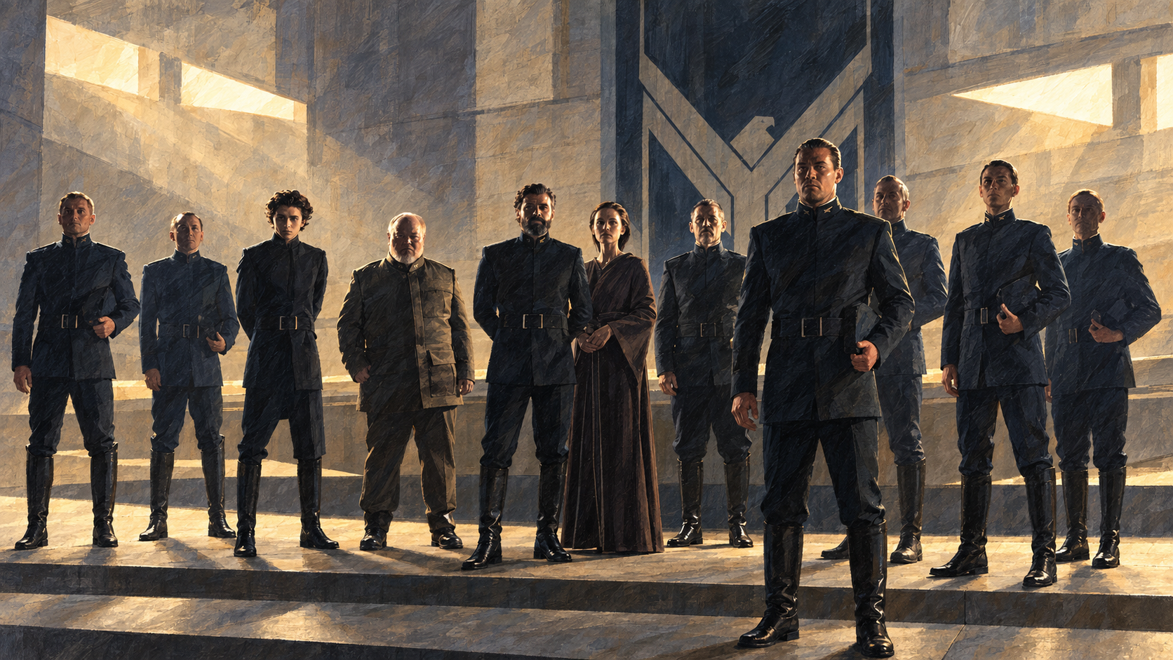 House Atreides and its attendants stand on the steps of a vast stone hall in Dune