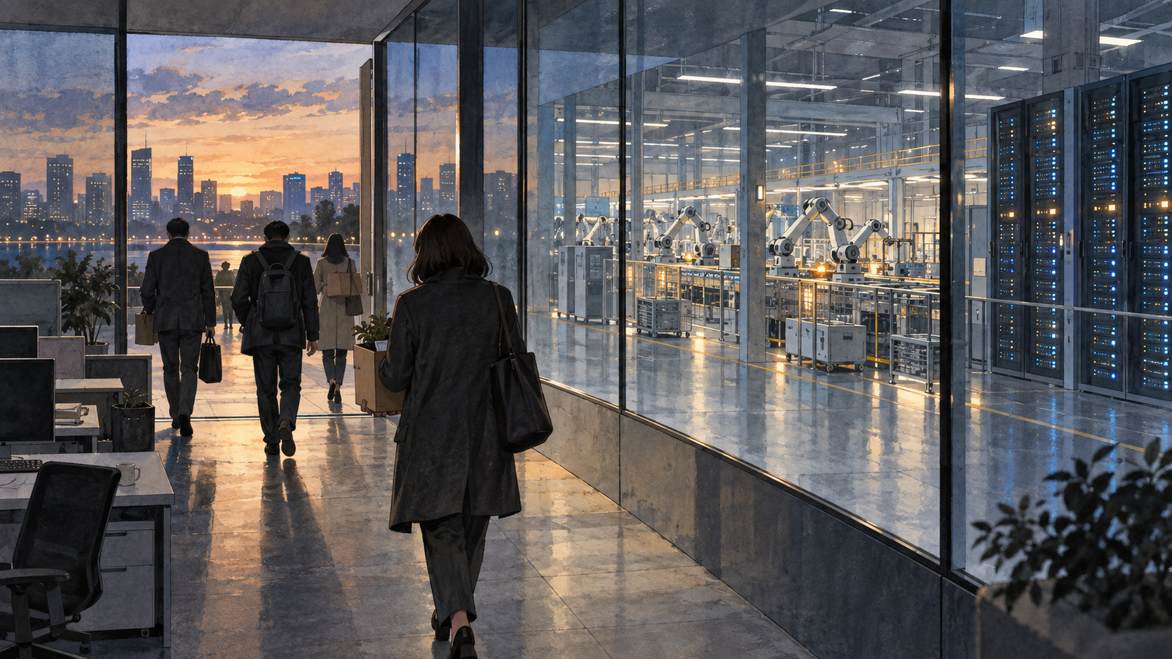 Employees leave an office while robots and servers continue working next door