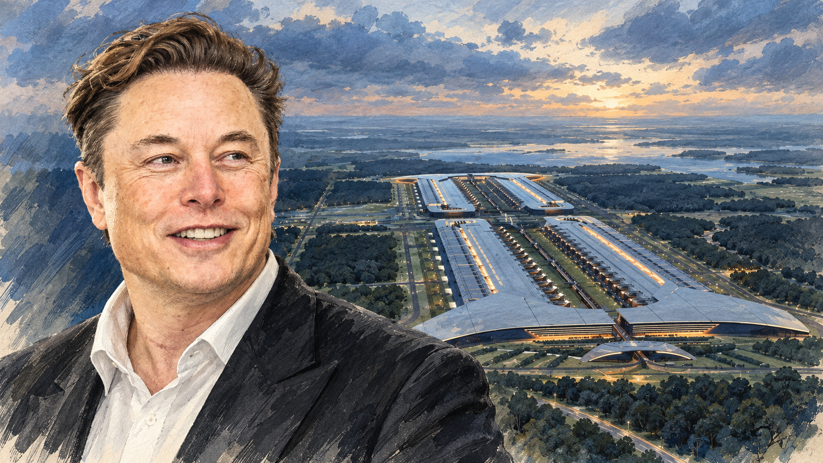 A watercolor combining a portrait of Elon Musk with a planned aerial view of Terafab