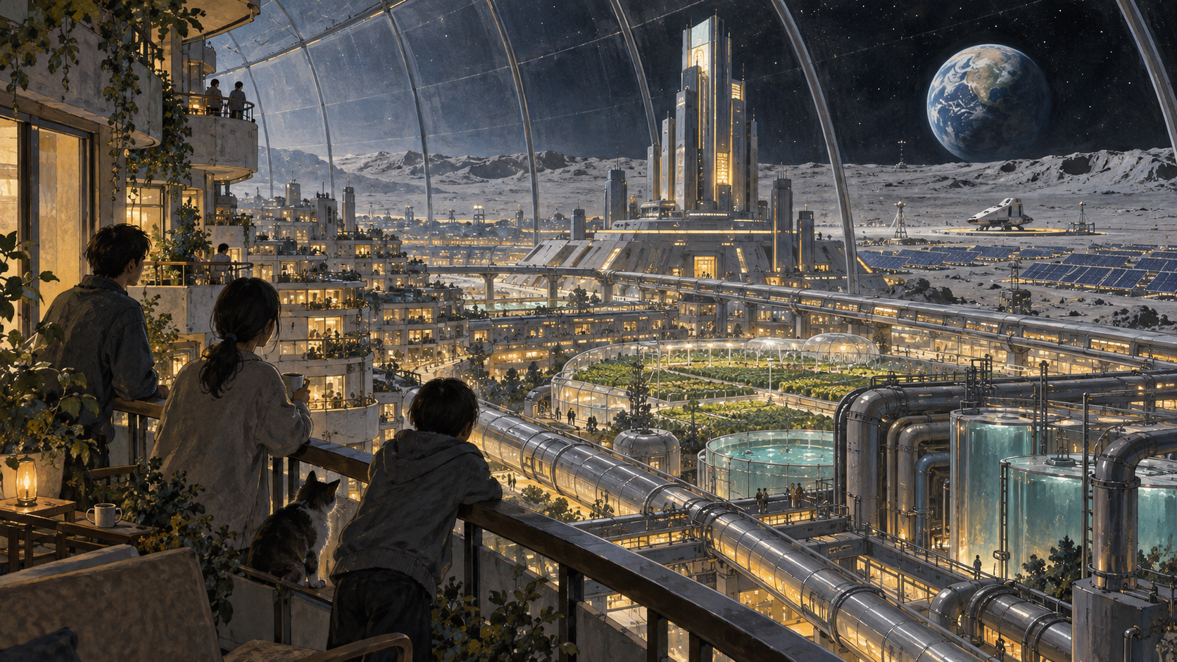 Residents on a balcony look across a domed space city with life-support facilities and a corporate headquarters