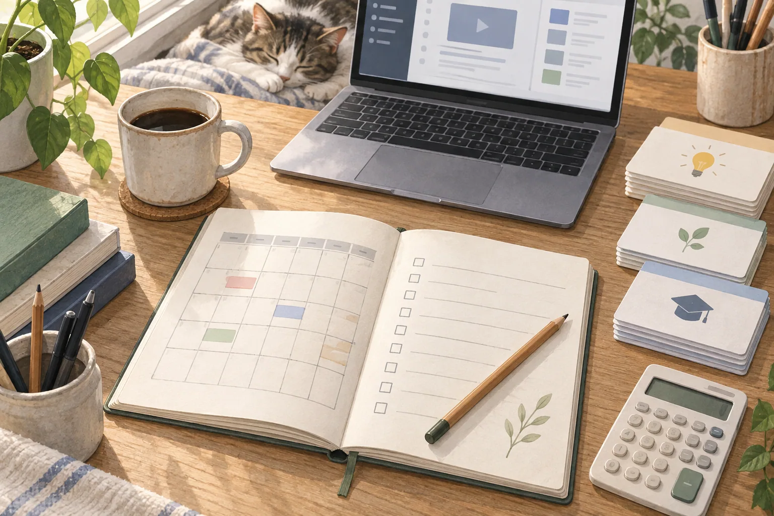 A desk with a laptop and schedule for planning a personal service and an online course