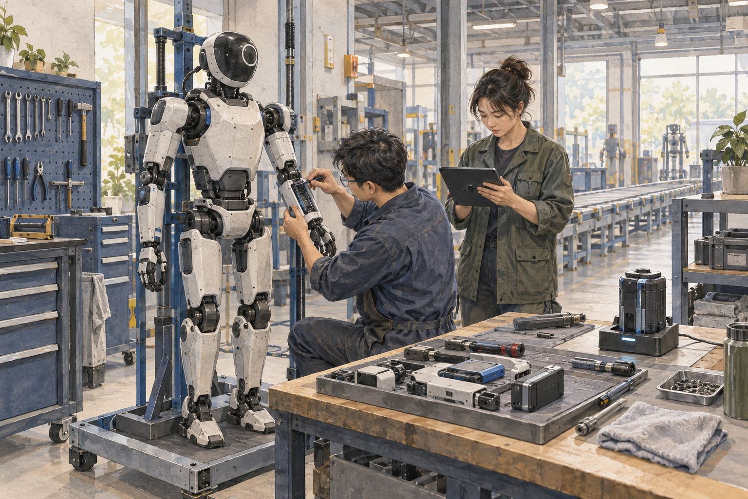 A technician inspects an industrial humanoid's arm while a colleague checks a diagnostic tablet