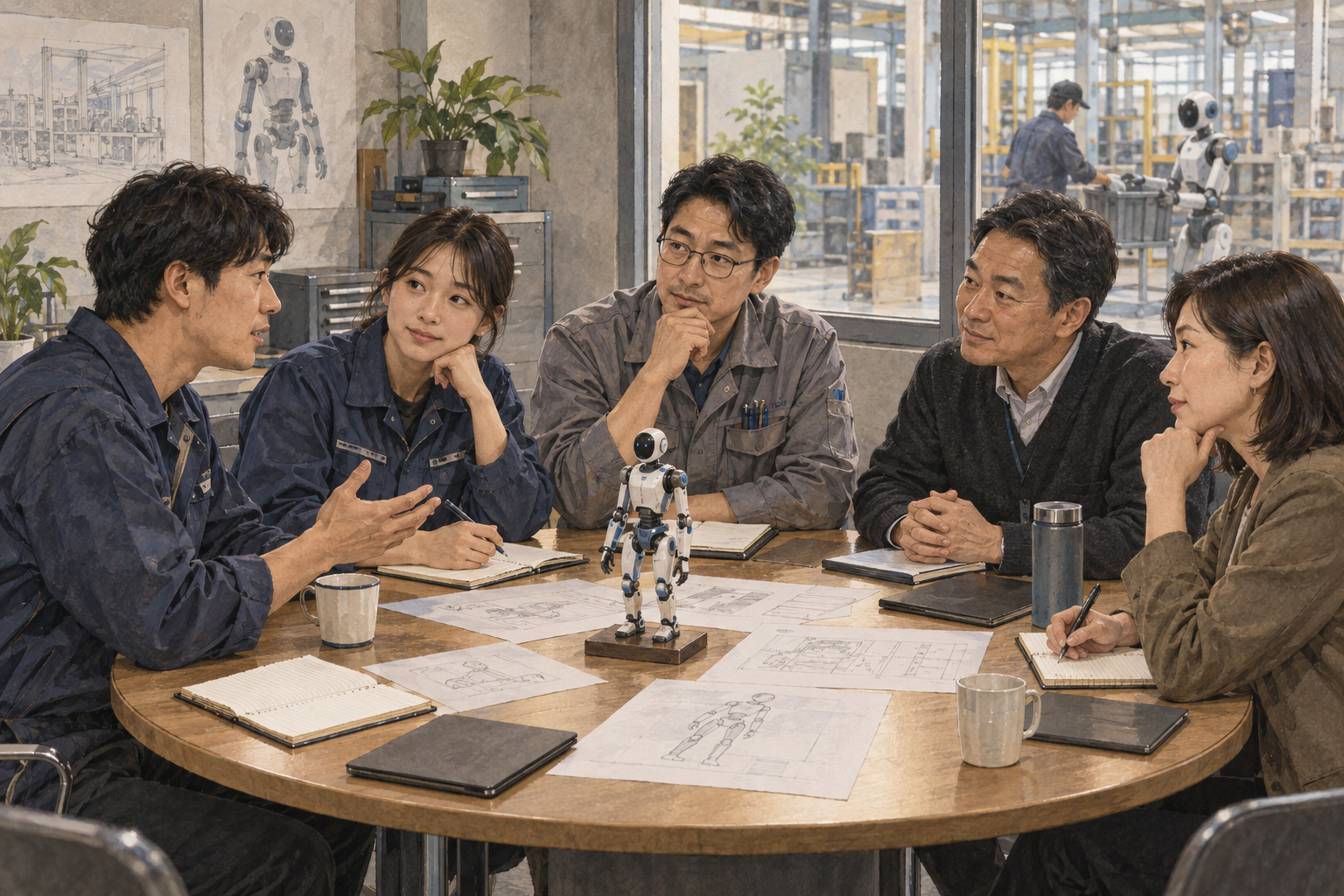 Workers, a maintenance specialist, and managers discuss robot adoption around the same meeting table