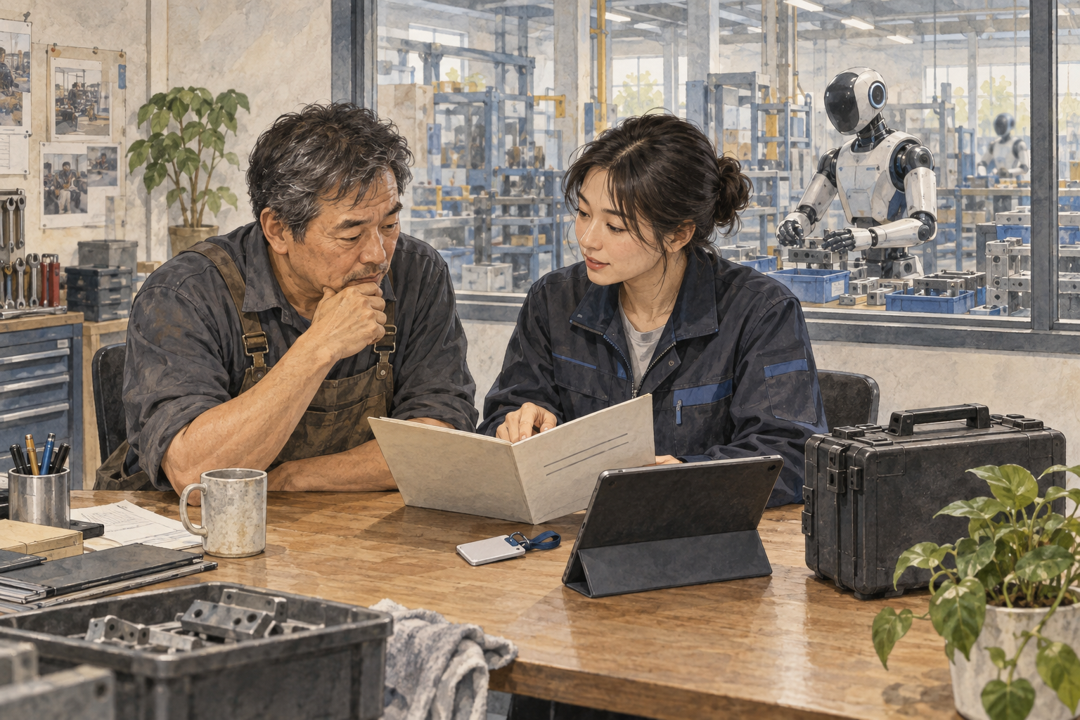 A factory operator and a service representative review contract documents, with working robots visible behind them