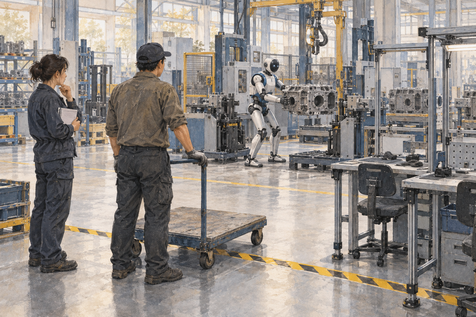 Two workers watch a humanoid moving a heavy component, with unused workstations nearby