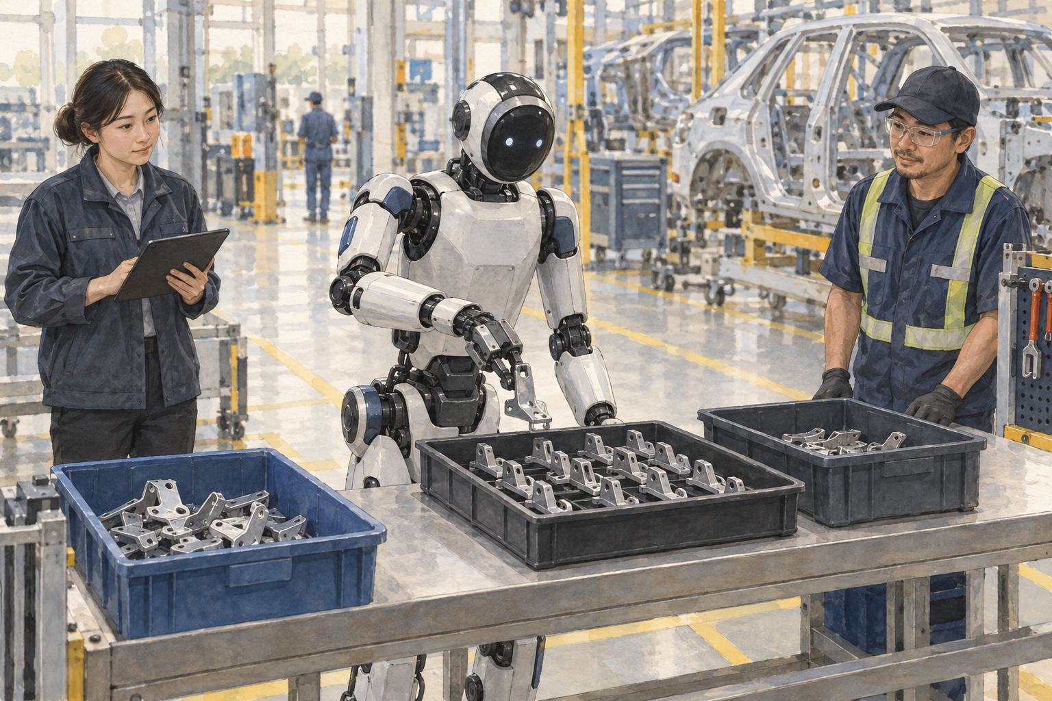 An industrial humanoid sorts parts in sequence while factory workers observe