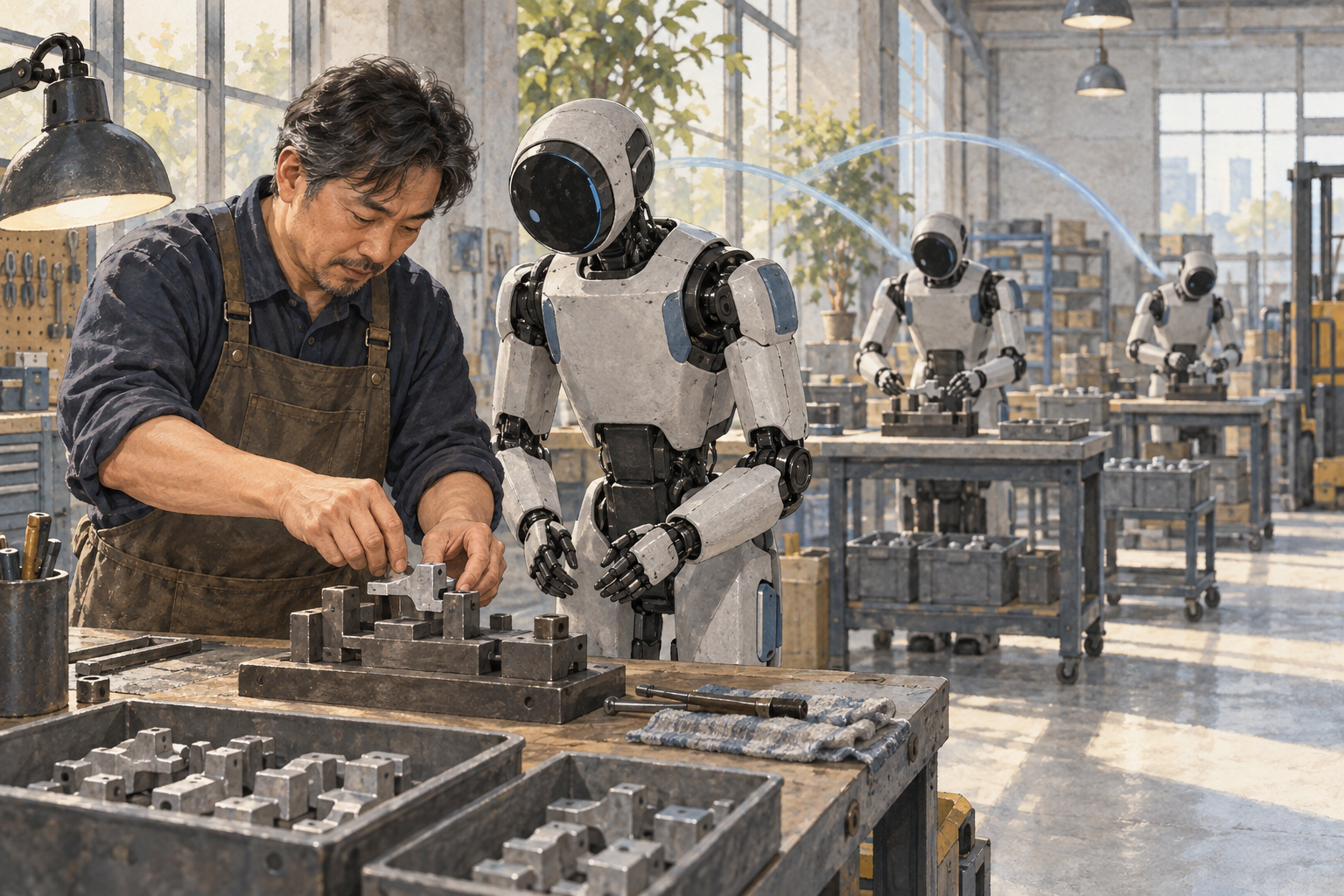 An experienced worker demonstrates how to fit a component while several humanoids perform the same task