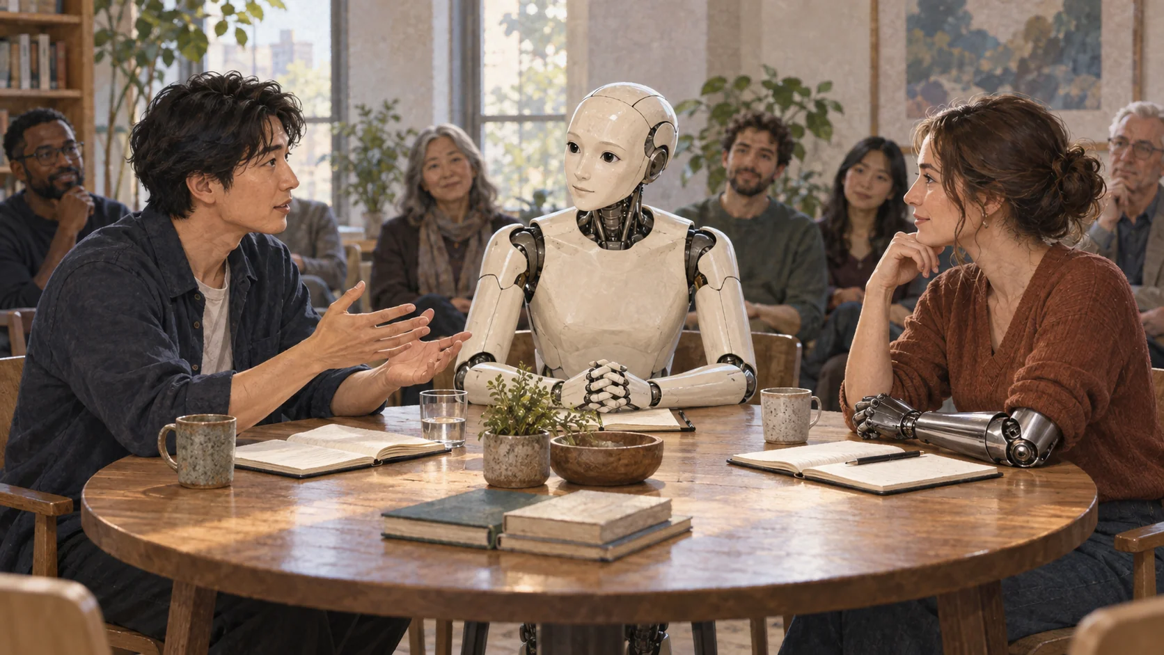 A human, a person with a mechanical arm, and a humanoid discussing issues around a table