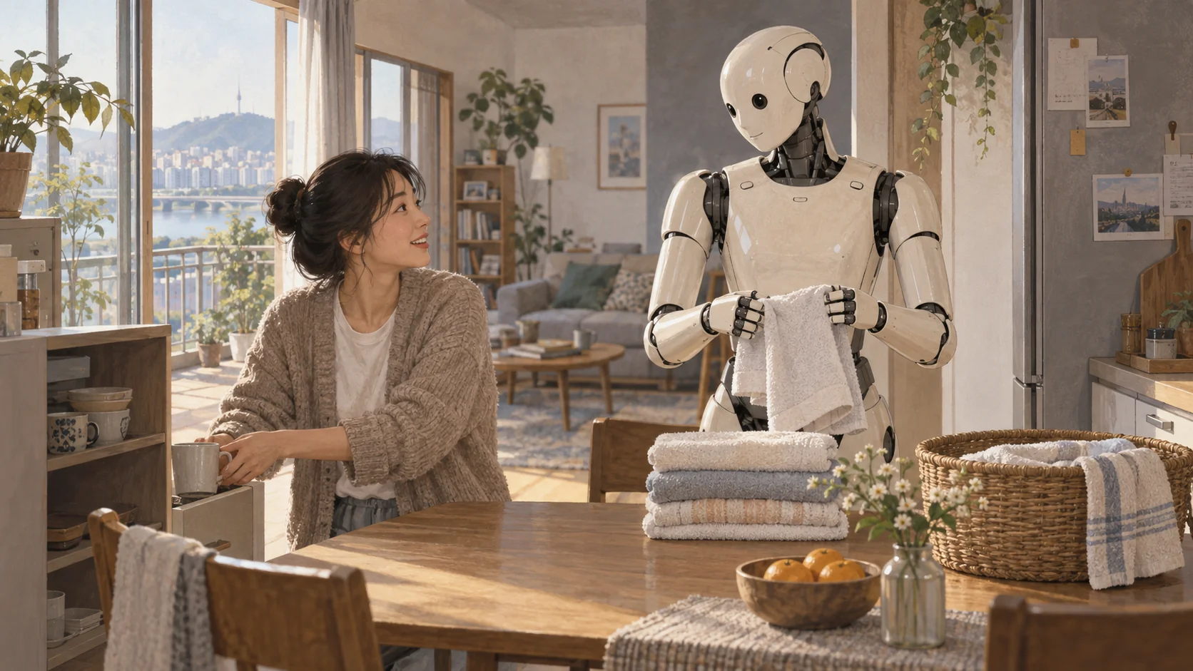 A personal humanoid folding towels and talking with a person at home