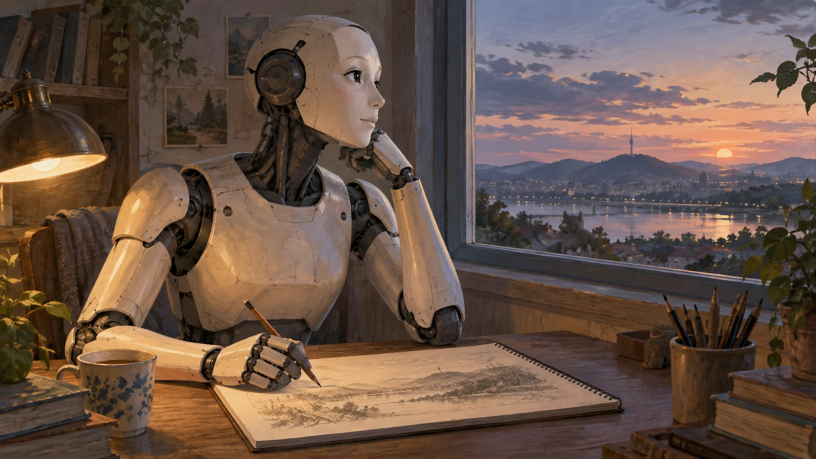 A humanoid pausing while painting a landscape to look thoughtfully out of a window