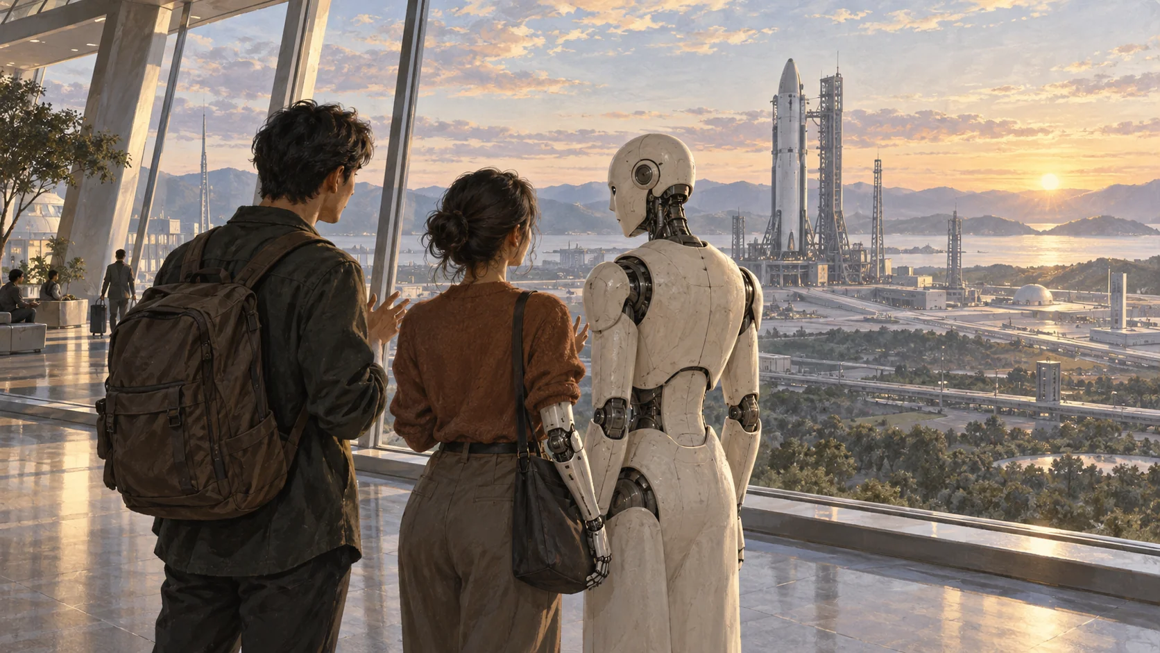 Humans, cyborgs, and humanoids looking together toward a spacecraft on a launch site