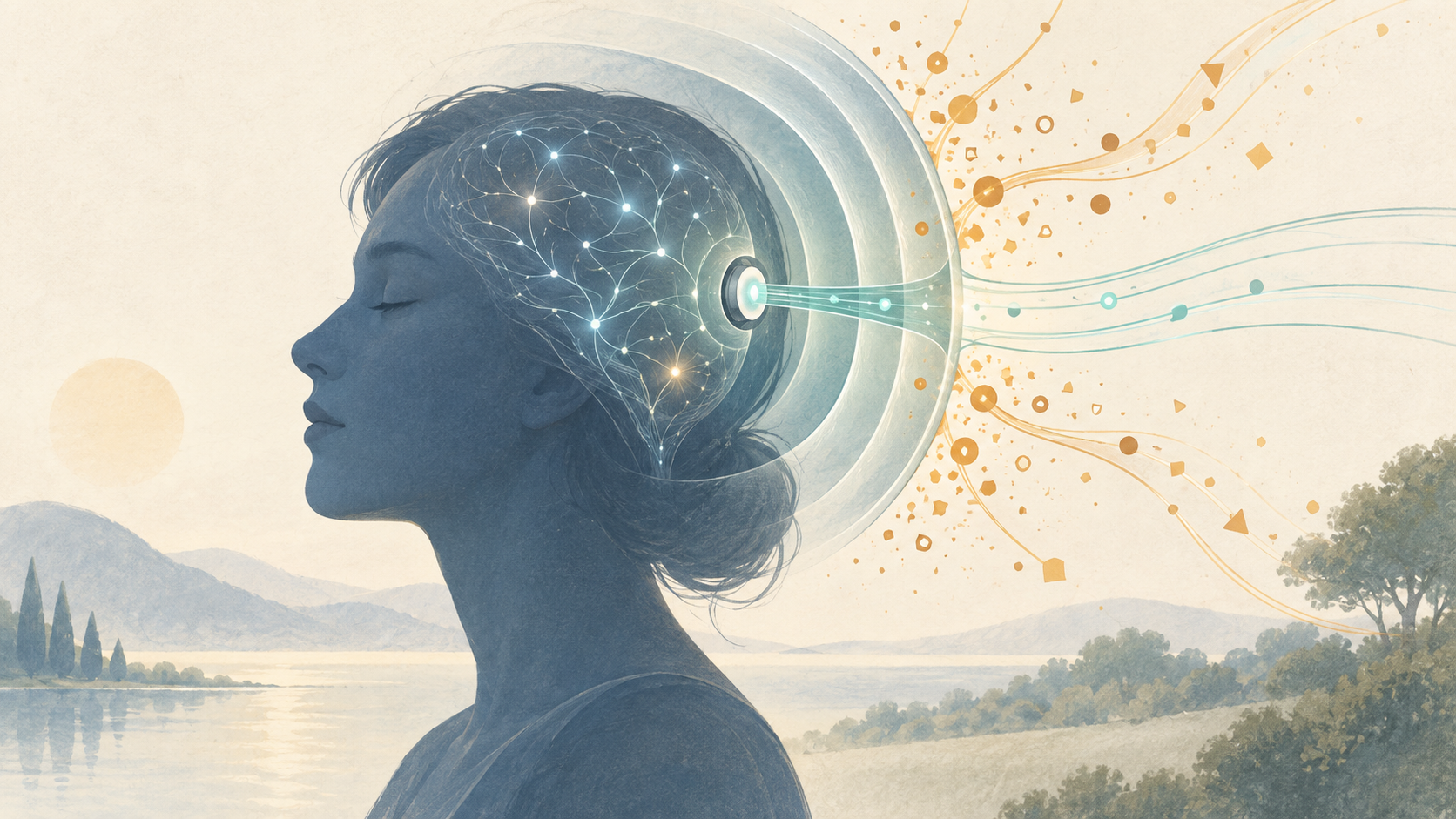 A concept diagram with protective layers around a communication interface near the head, allowing only authorized signals through