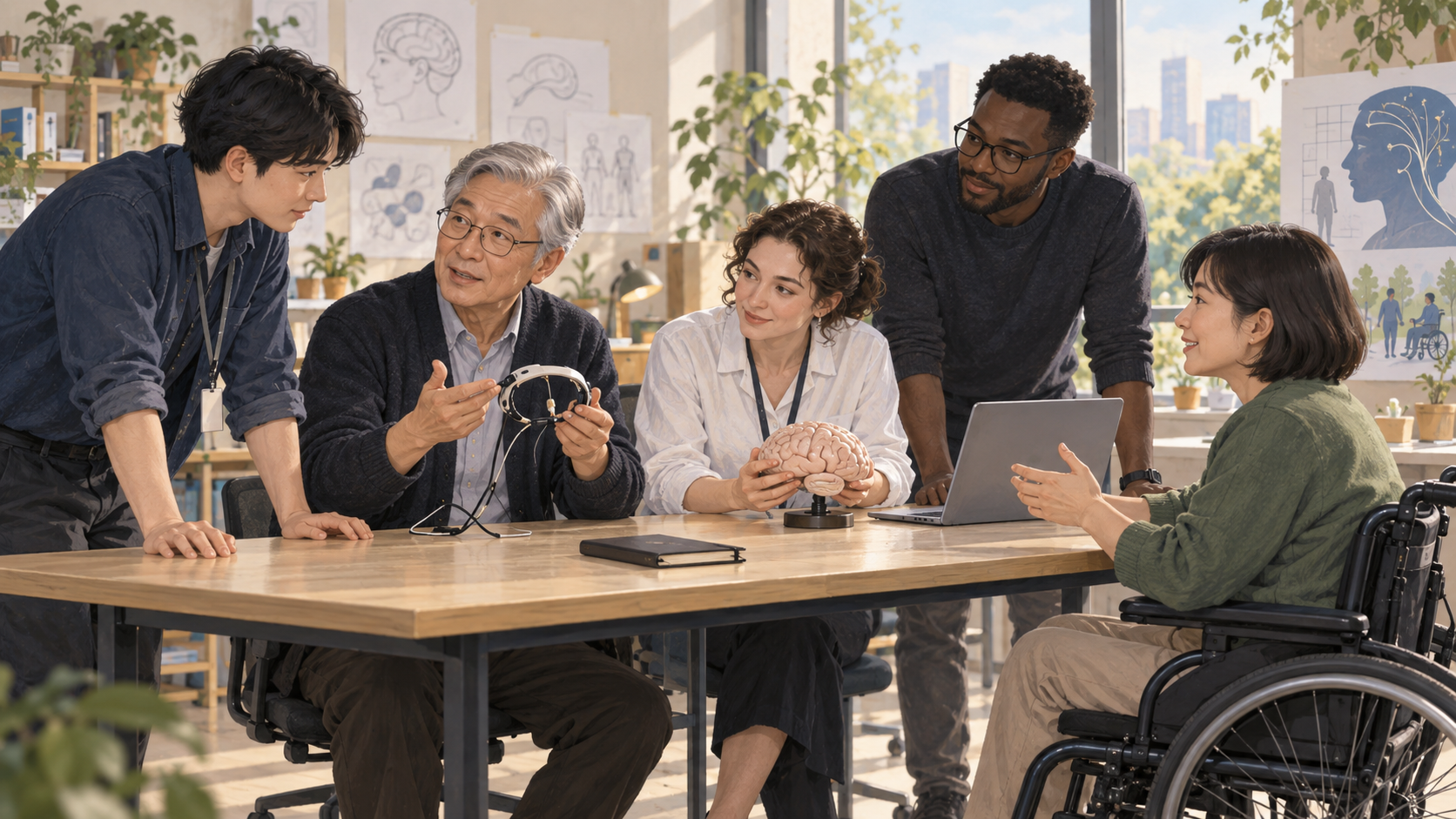 A white-haired researcher, colleagues from several fields, and a wheelchair user reviewing a neural-interface model together