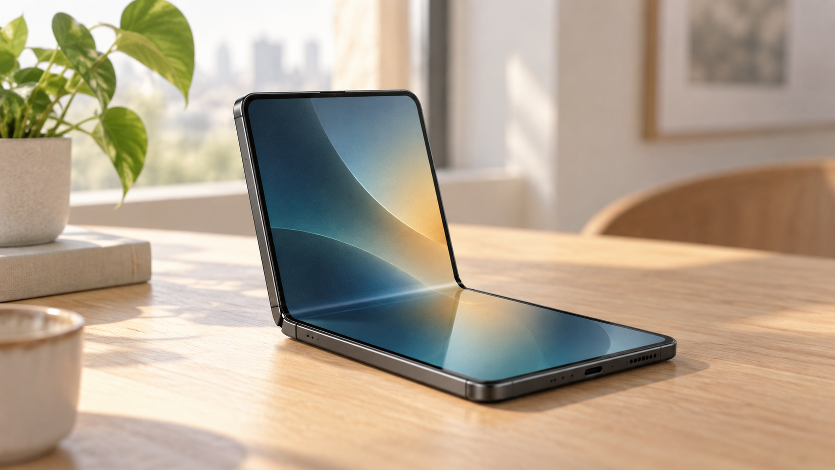 A concept image of a folding smartphone sitting half-open on a bright desk