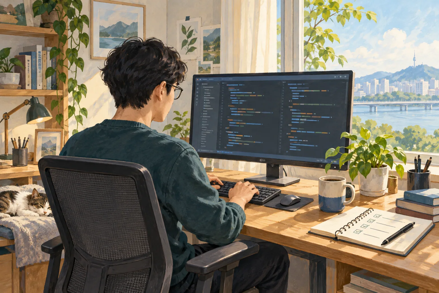 A developer concentrating on code in a quiet home workspace