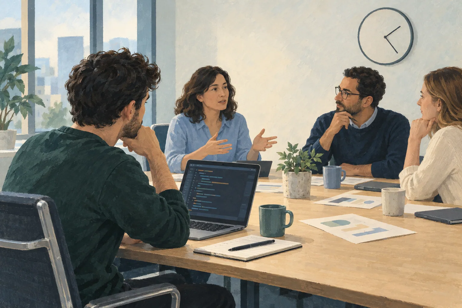 People gathered in a meeting room with a developer seated in front of a laptop