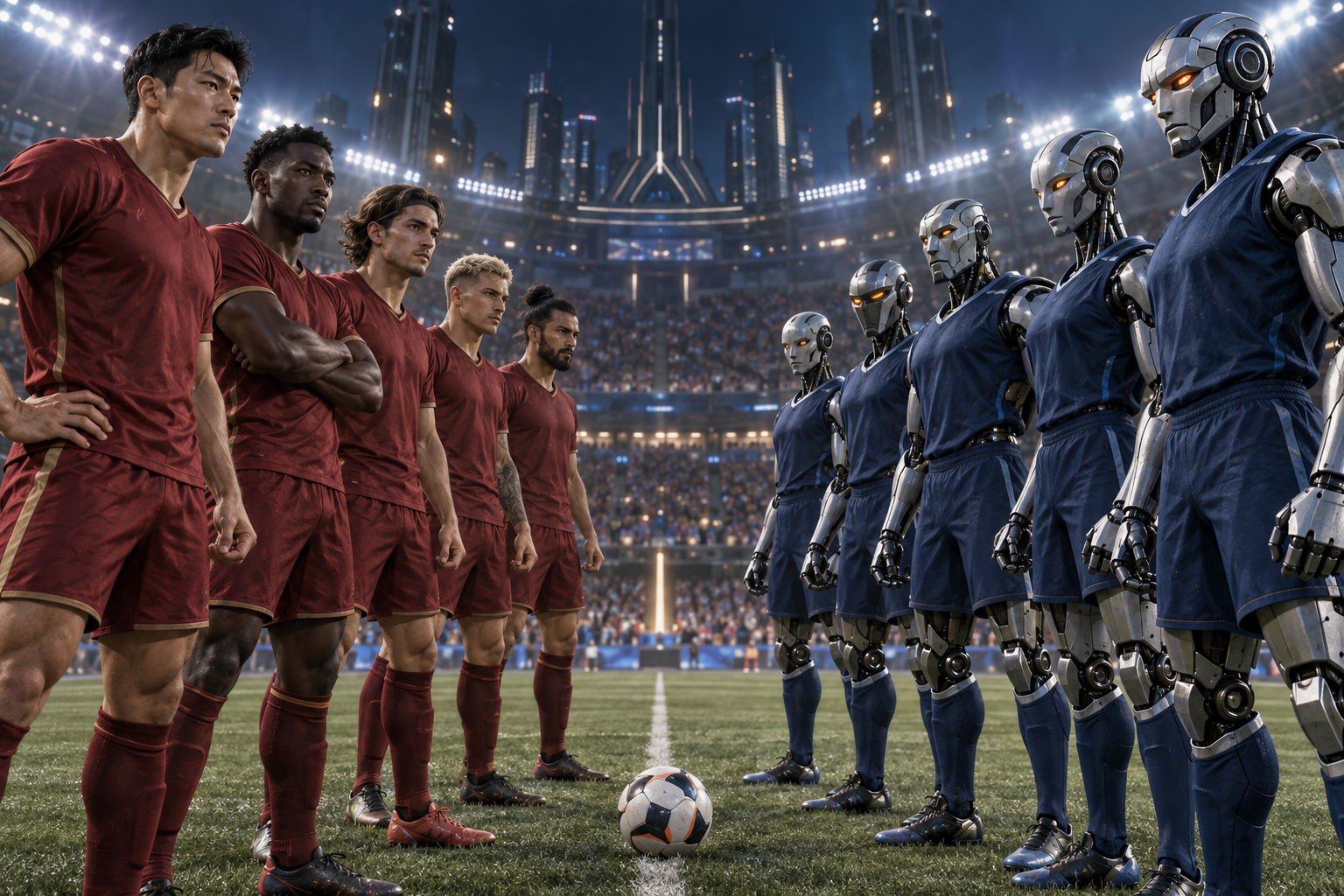 Five fictional human footballers facing five robot players at the center of a stadium