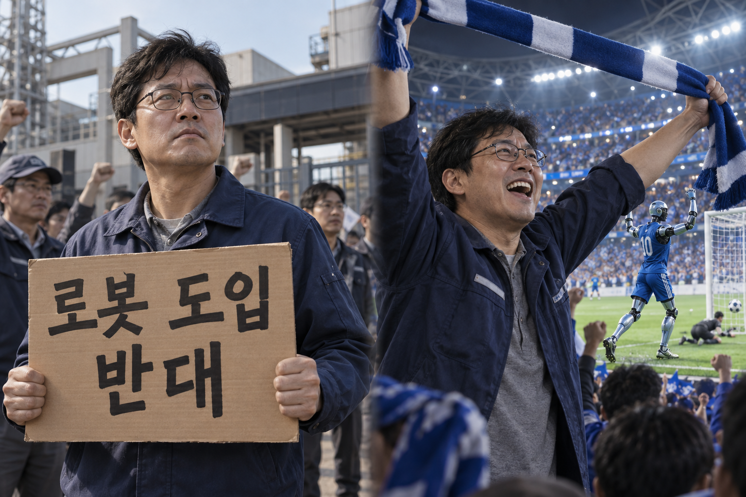 The same person protesting robot adoption during the day and enthusiastically cheering robot football at night
