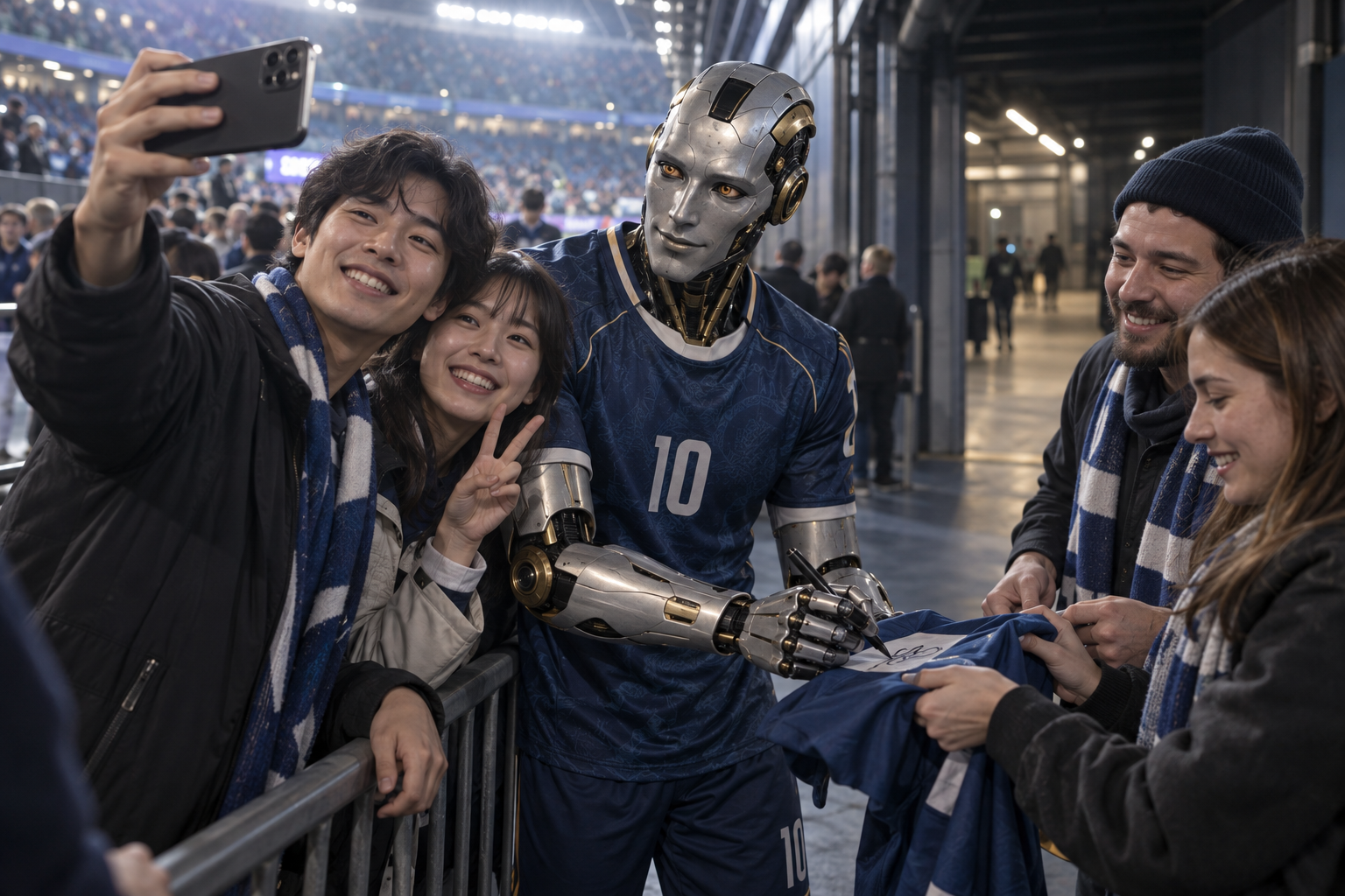 A robot footballer signing an autograph for a fan while other fans take a photo together