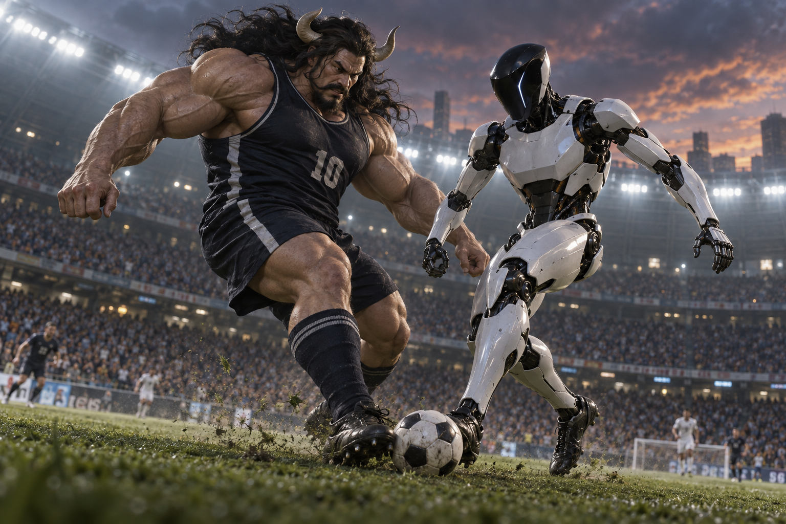 A huge fictional athlete resembling Kaido and a white humanoid robot contesting a football