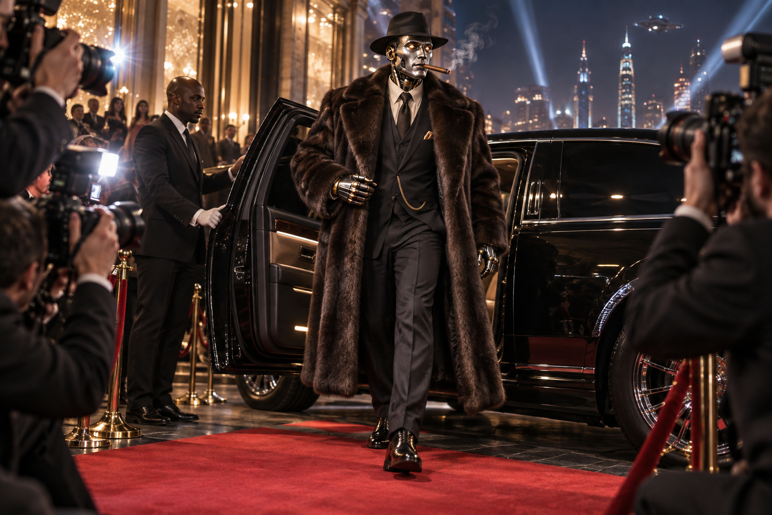 A wealthy robot wearing a mink coat and fedora, with a cigar in its mouth, stepping out of a limousine onto a red carpet