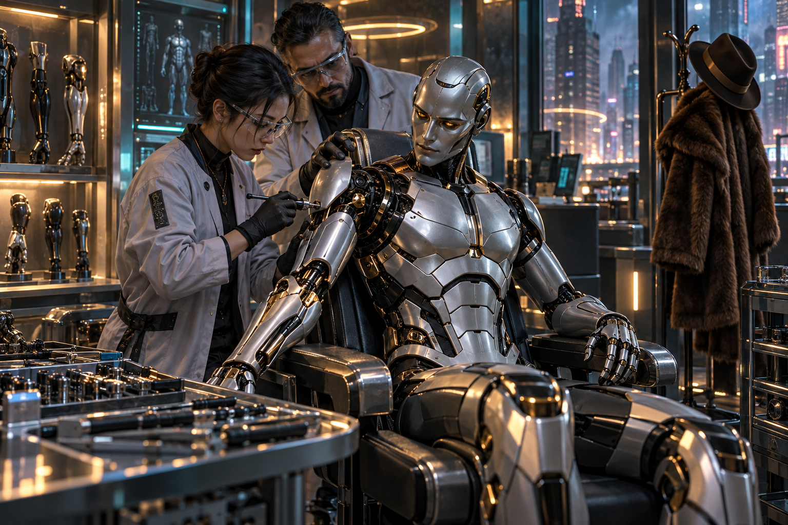A wealthy robot receiving a new arm and body components from doctors in a cyberpunk maintenance clinic