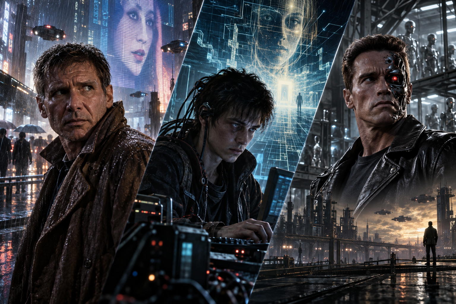 A science-fiction collage crossing Deckard from Blade Runner, Case from Neuromancer, and the T-800 from The Terminator