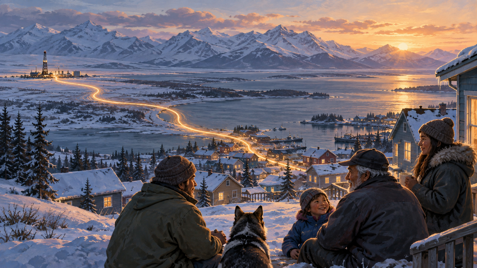 Residents and a bright path connecting a resource facility in snowy Alaska to a town