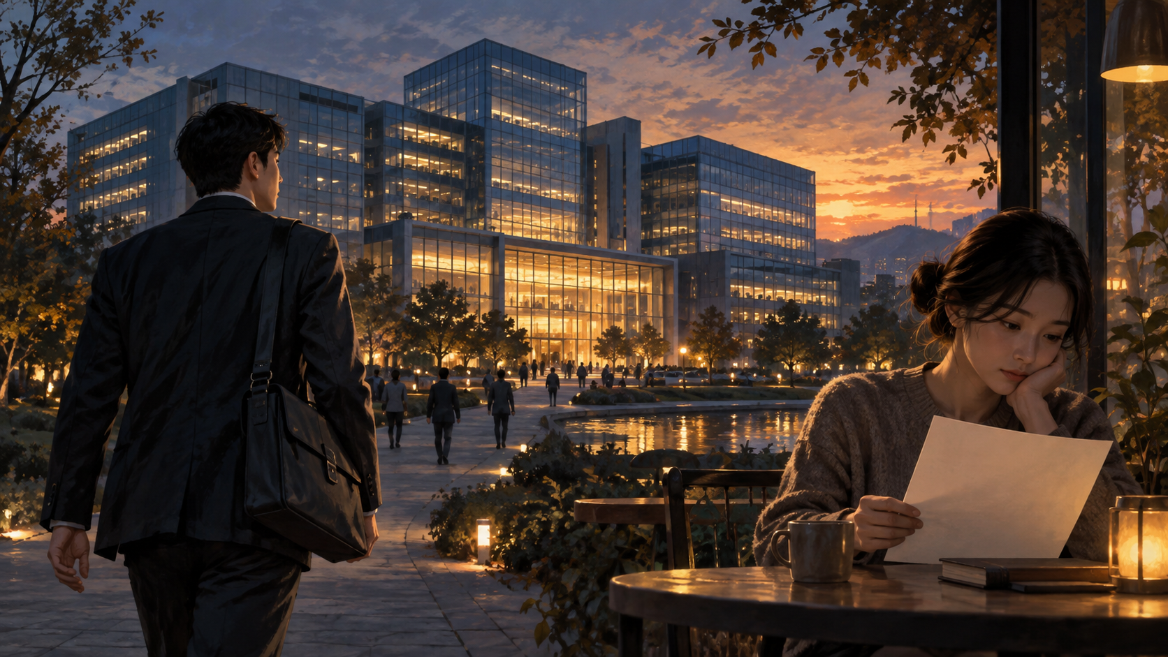 An office worker and a person reviewing investment documents outside a corporate building