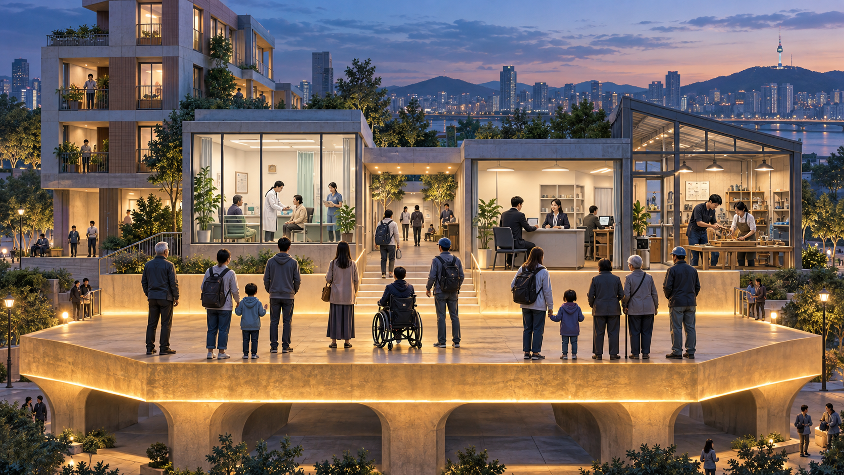 Citizens on a broad shared foundation supporting housing, healthcare, and education facilities