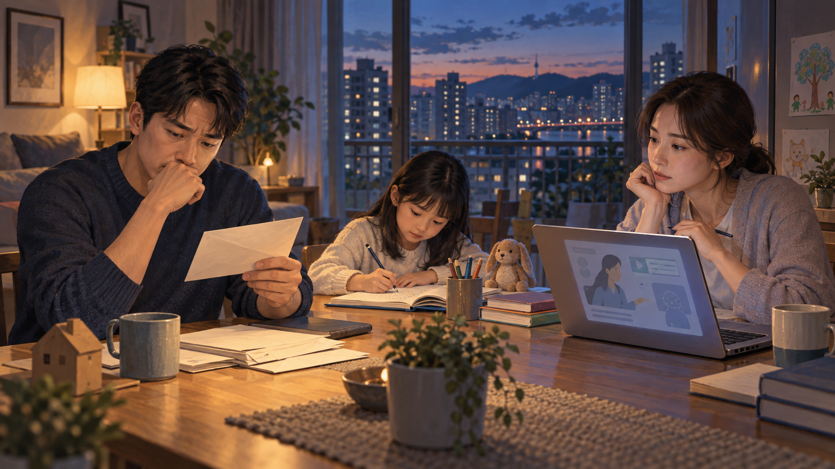 A family gathered around living-expense documents and a laptop